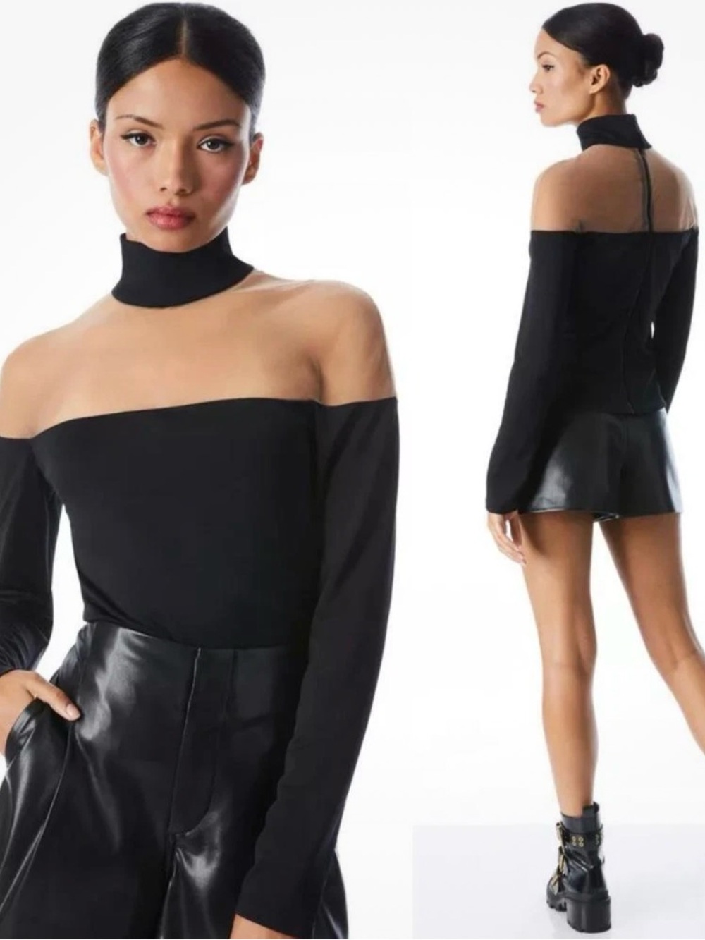 Alice + Olivia Zahra Black and Nude Mesh Top Accent Size Small EUC